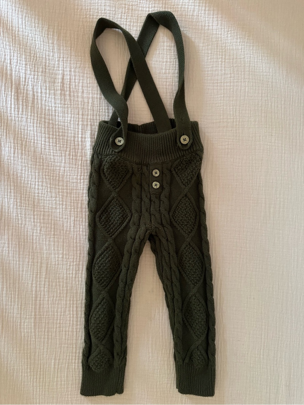 Jamie Kay Olive Cable Knit Suspender Overalls